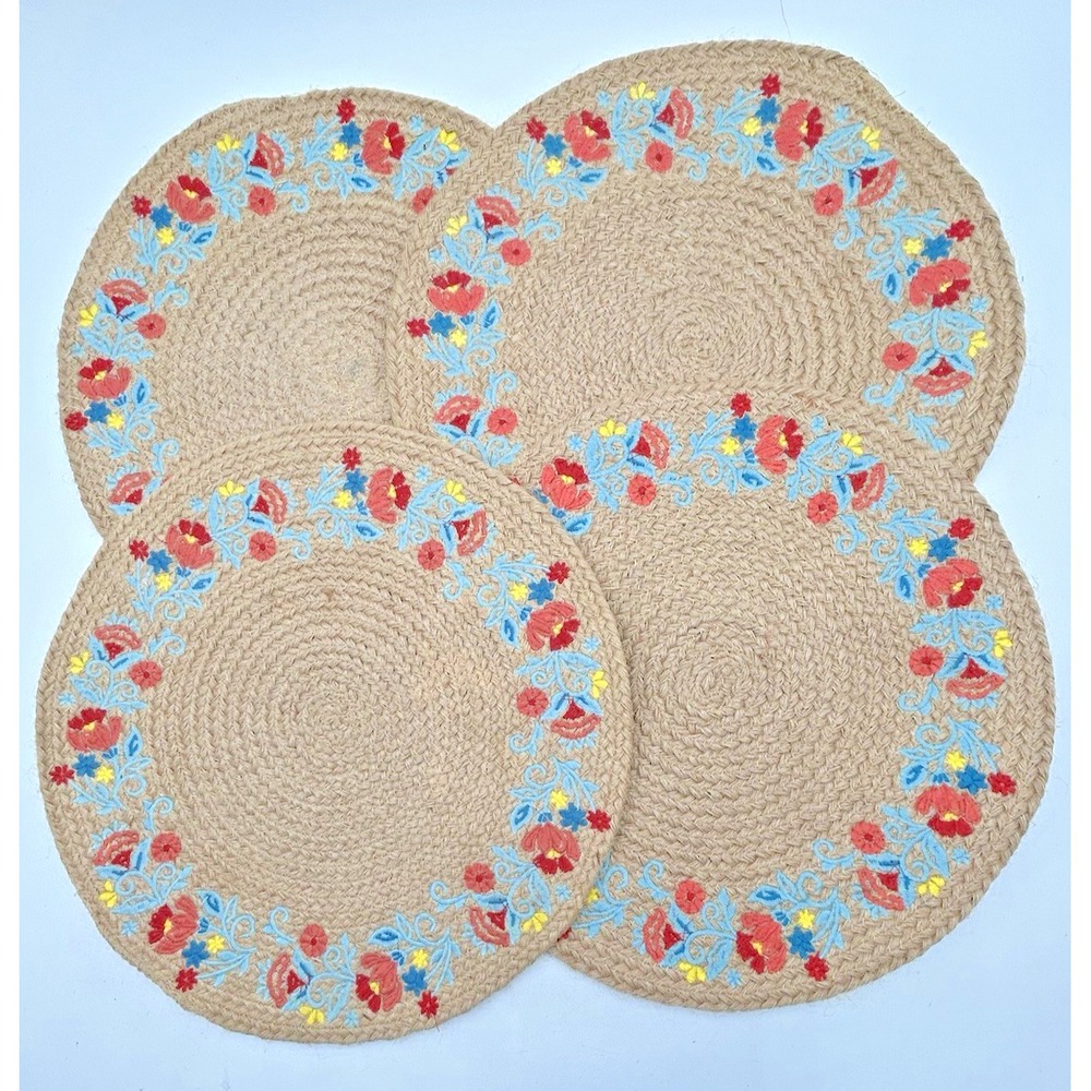 4 Pcs Pioneer Woman Braided Round Placemats Embroidered Jute Sweet Rose 15 in.